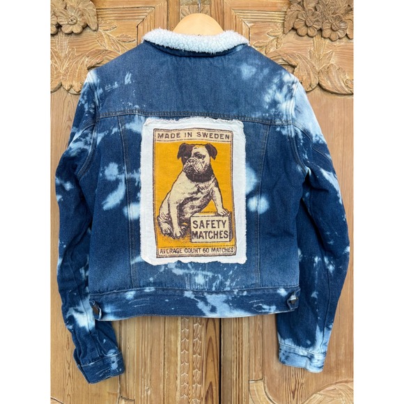 Sherpa Lined Bleached Denim Jacket Bulldog Patch XL - Picture 5 of 7